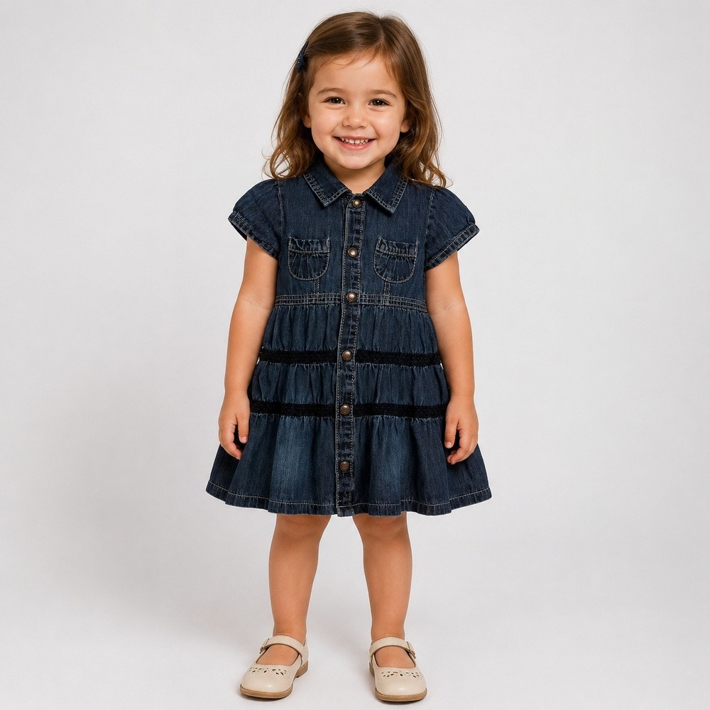 Paper Denim & Cloth Girls 3T Denim Shirt Dress Dark Wash Black Trim